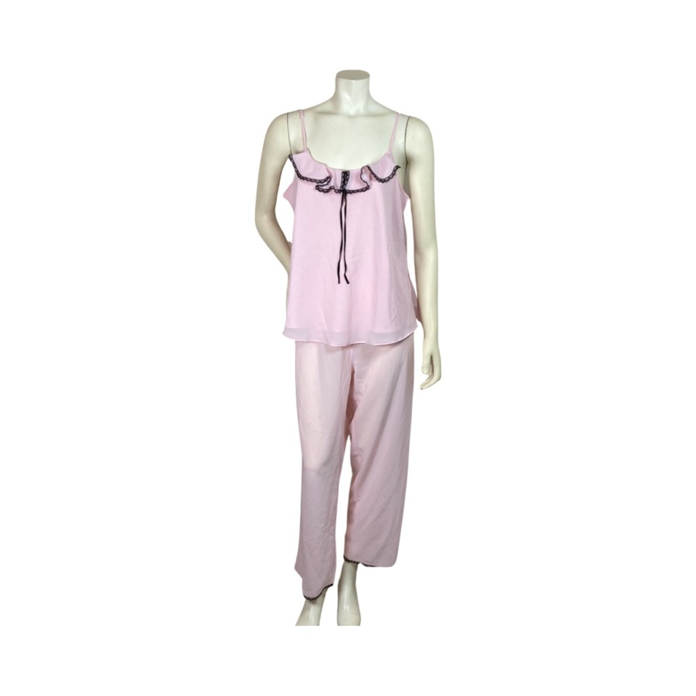 Nine & Company Womens 2 Piece Pajama Set Size XL Pink With Black Lace Trim